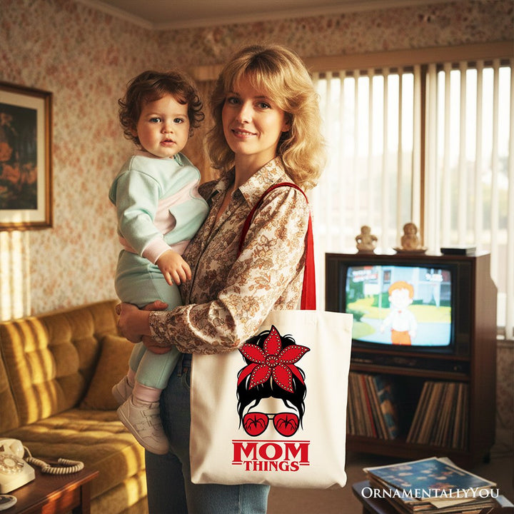 Mom Things Messy Bun Retro Canvas Tote Bag, Red Bandana Glasses Family Matching Gift Shopper Tote Bag OrnamentallyYou 