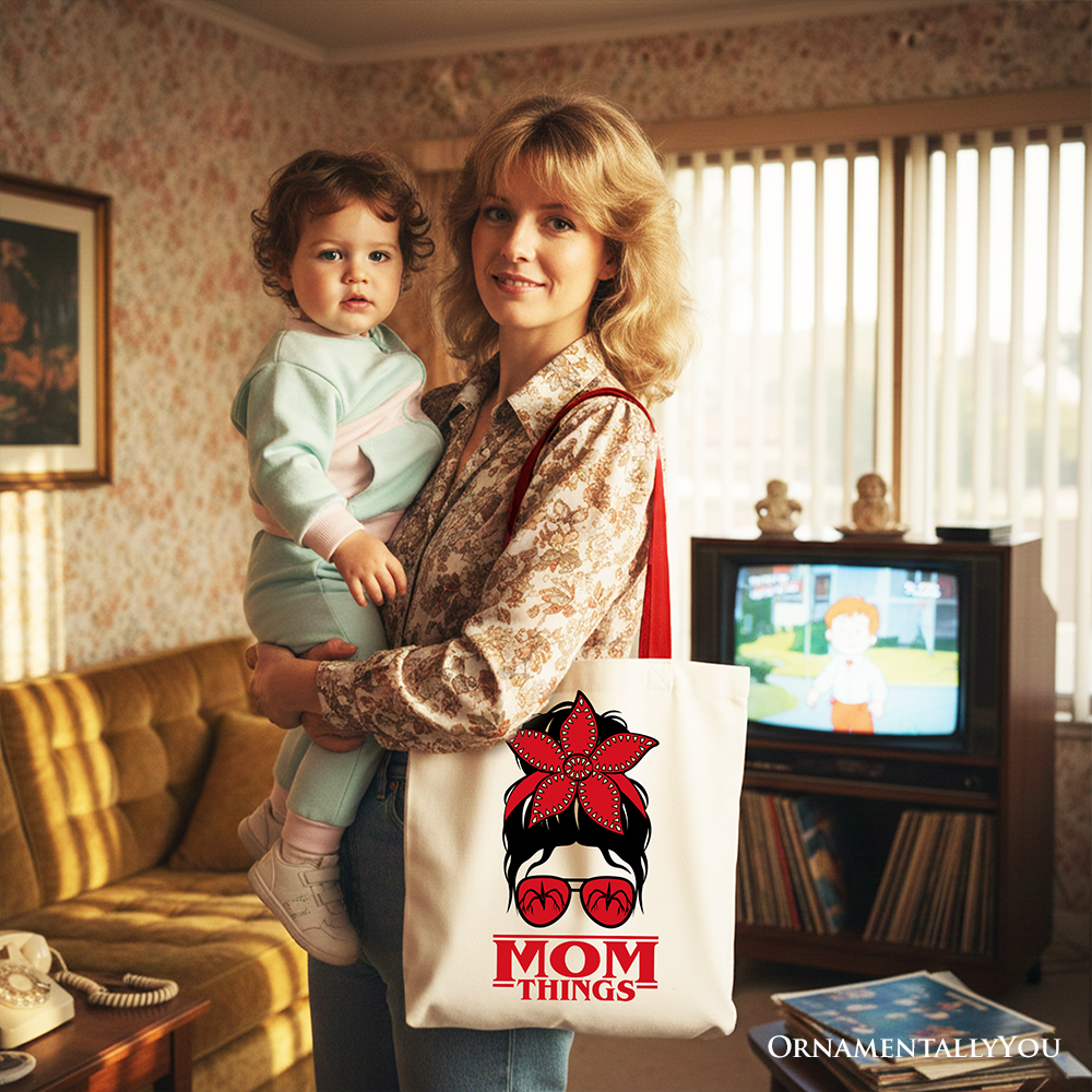 Mom Things Messy Bun Retro Canvas Tote Bag, Red Bandana Glasses Family Matching Gift Shopper