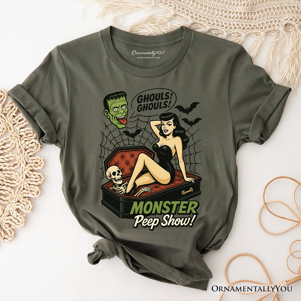 Monster Peep Show Pin-Up T-Shirt, Retro Horror Halloween Tee T-Shirts OrnamentallyYou Military Green XS 