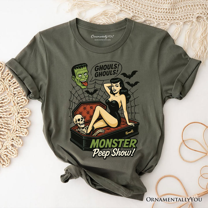 Monster Peep Show Pin-Up T-Shirt, Retro Horror Halloween Tee T-Shirts OrnamentallyYou Military Green XS 