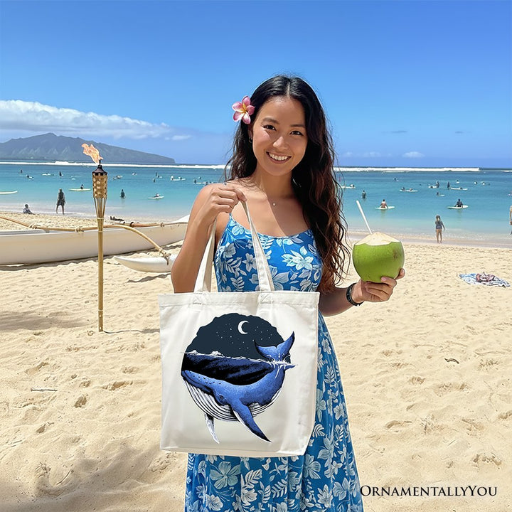 Moonlit Whale Vintage Tote Bag, Night Ocean Retro Gift Shopper Tote Bag OrnamentallyYou 