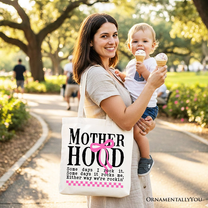 Motherhood Coquette Pink Bow Tote Bag, Retro Checkered Gift Shopper Tote Bag OrnamentallyYou 