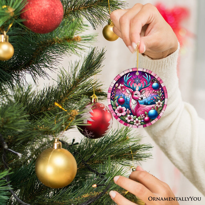 Mystical Yuletide Deer Pink Themed Ornament, Elegant Christmas Tree Decor Ceramic Ornament OrnamentallyYou 