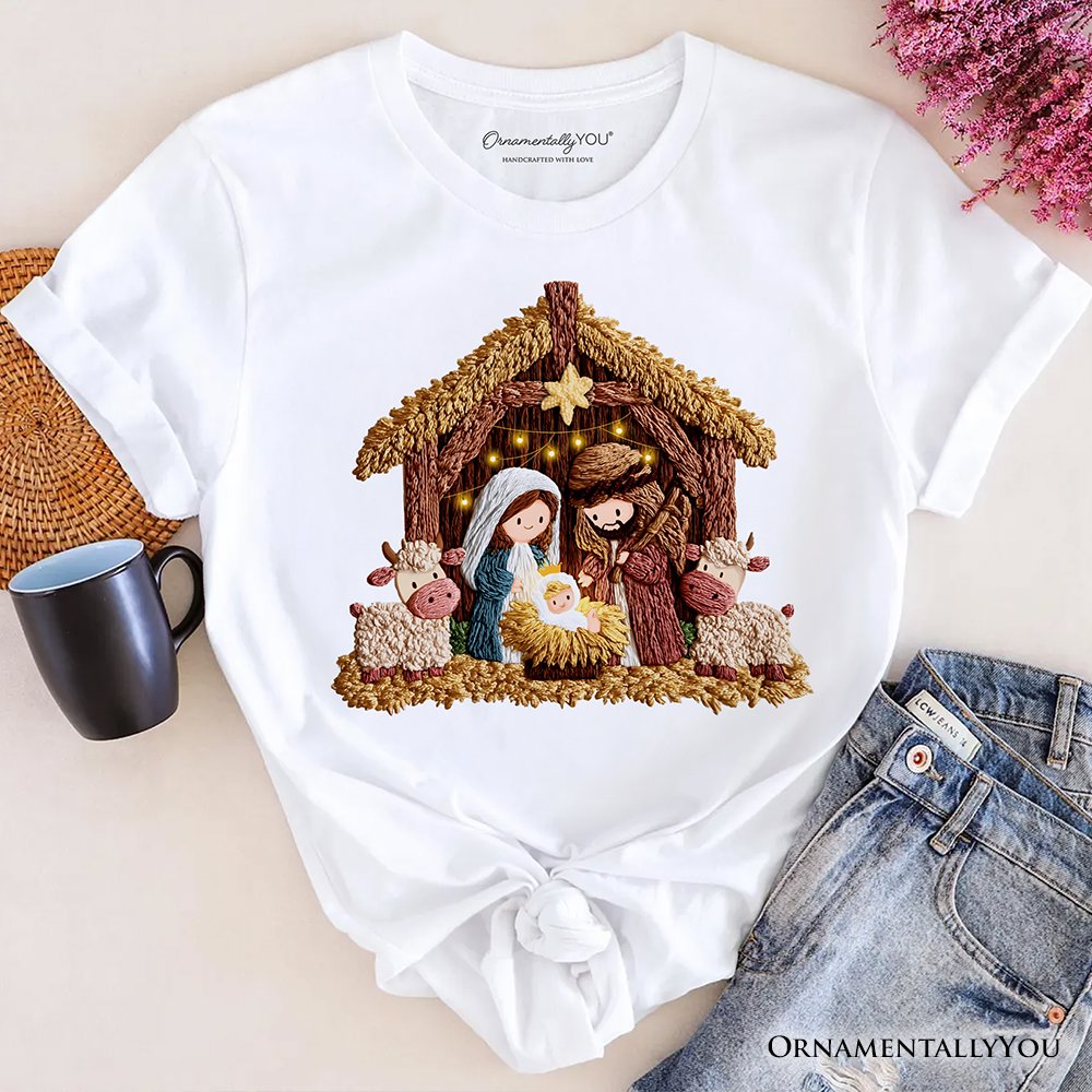 Nativity Holy Family Jesus Christmas T-Shirt, Imitation Latch Hook Yarn Cozy Christian Tee T-Shirts OrnamentallyYou White XS 