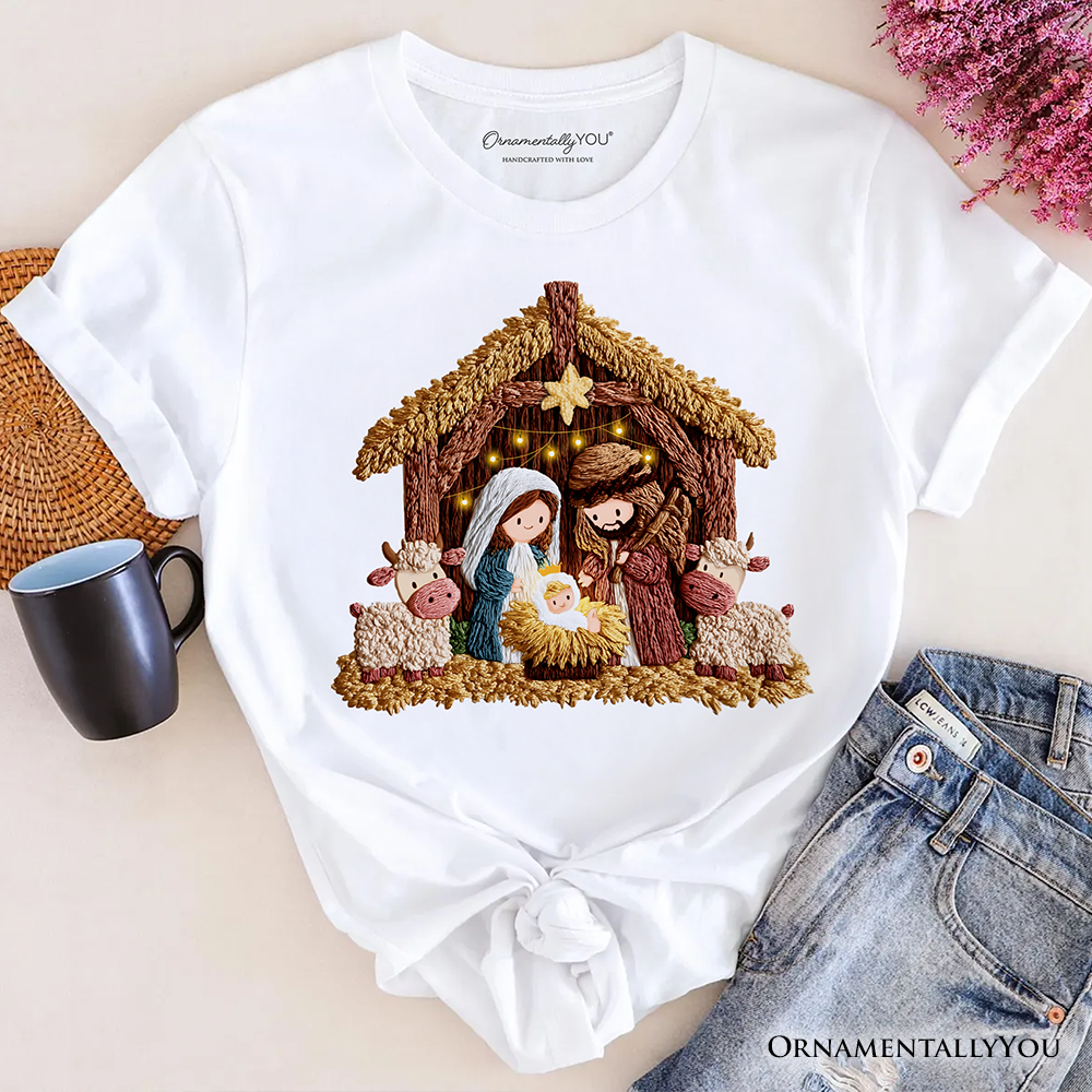 Nativity Holy Family Jesus Christmas T-Shirt, Imitation Latch Hook Yarn Cozy Christian Tee