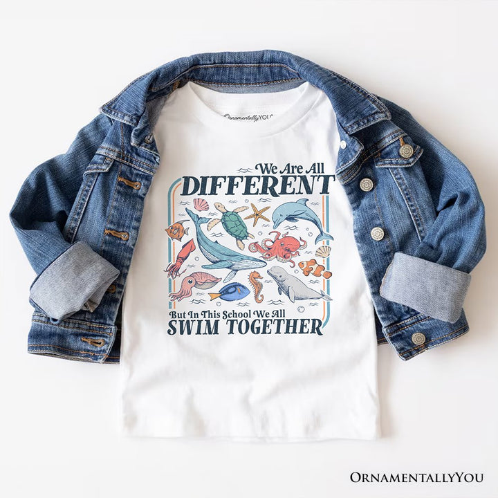 Ocean Animal Teacher T-Shirt, We Are All Different But In This School We All Swim Classroom Tee T-Shirts OrnamentallyYou White XS 