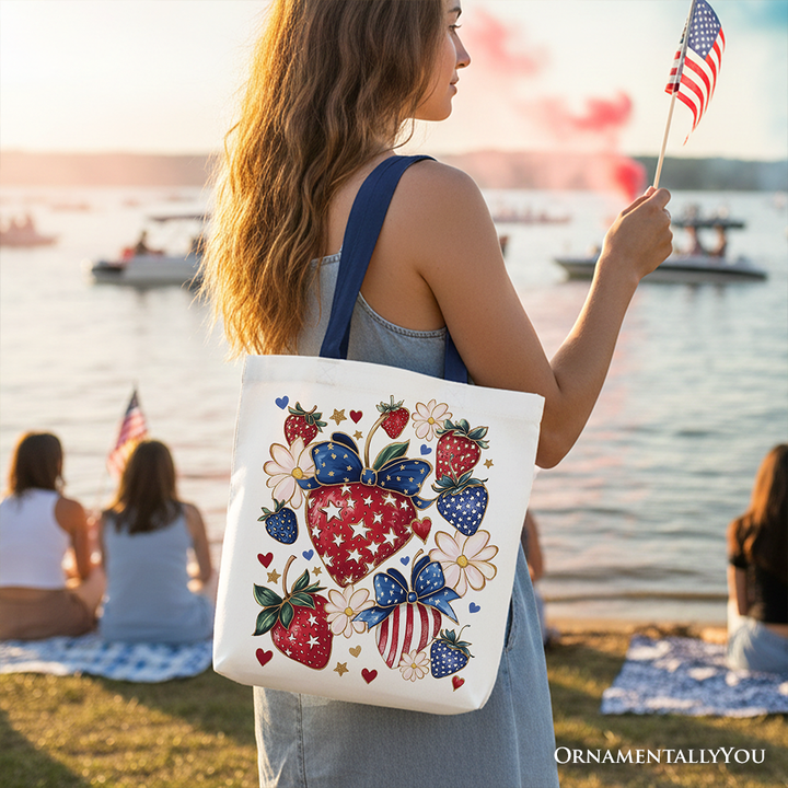 Patriotic Boho Strawberries Bouquet Canvas Tote Bag, 4th of July Festive Patch Gift