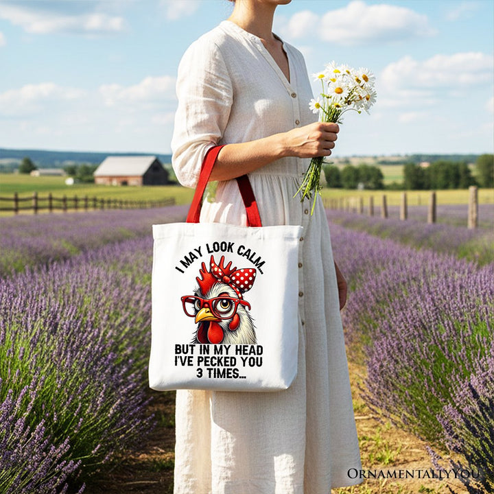 Pecking Chicken Tote Bag, Red Glasses and Bow White Gift Shopper for Sassy Women Tote Bag OrnamentallyYou 
