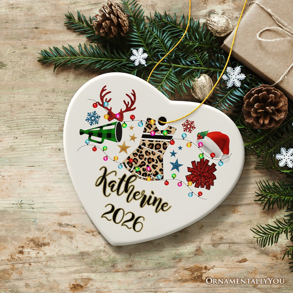 Personalized Cheerleader Buffalo Plaid Leopard Merry Christmas Ornament, Cheer Mom Gift Ceramic Ornament OrnamentallyYou 