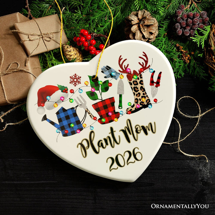 Personalized Plant Lover Gift Buffalo Plaid Leopard Merry Christmas Ornament, Botanical Gift Ceramic Ornament OrnamentallyYou 