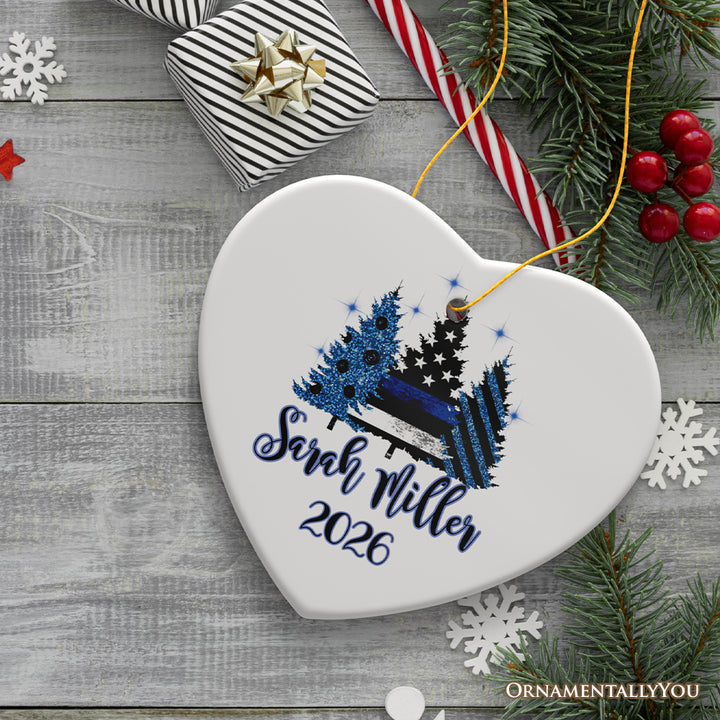 Personalized Police Officer Back The Blue Merry Christmas Trees Ornament, Retirement Gift
