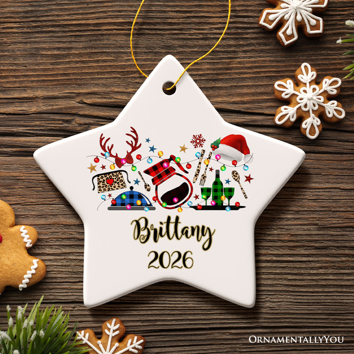 Personalized Waitress Buffalo Plaid Leopard Merry Christmas Ornament Gift