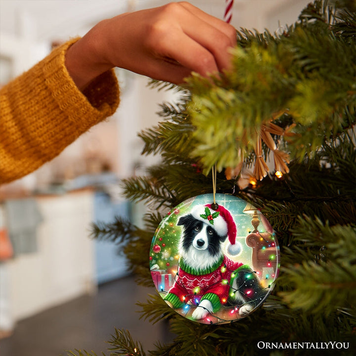 Playful Border Collie with Santa Hat Ornament, Festive Canine Christmas Decor Ceramic Ornament OrnamentallyYou 