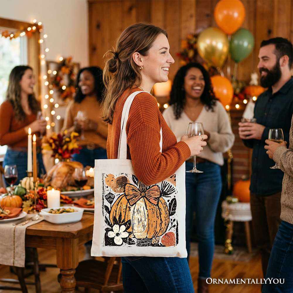 Pumpkin Fall Floral Tote Bag, Thanksgiving Coquette Bow Gift Shopper Tote Bag OrnamentallyYou 