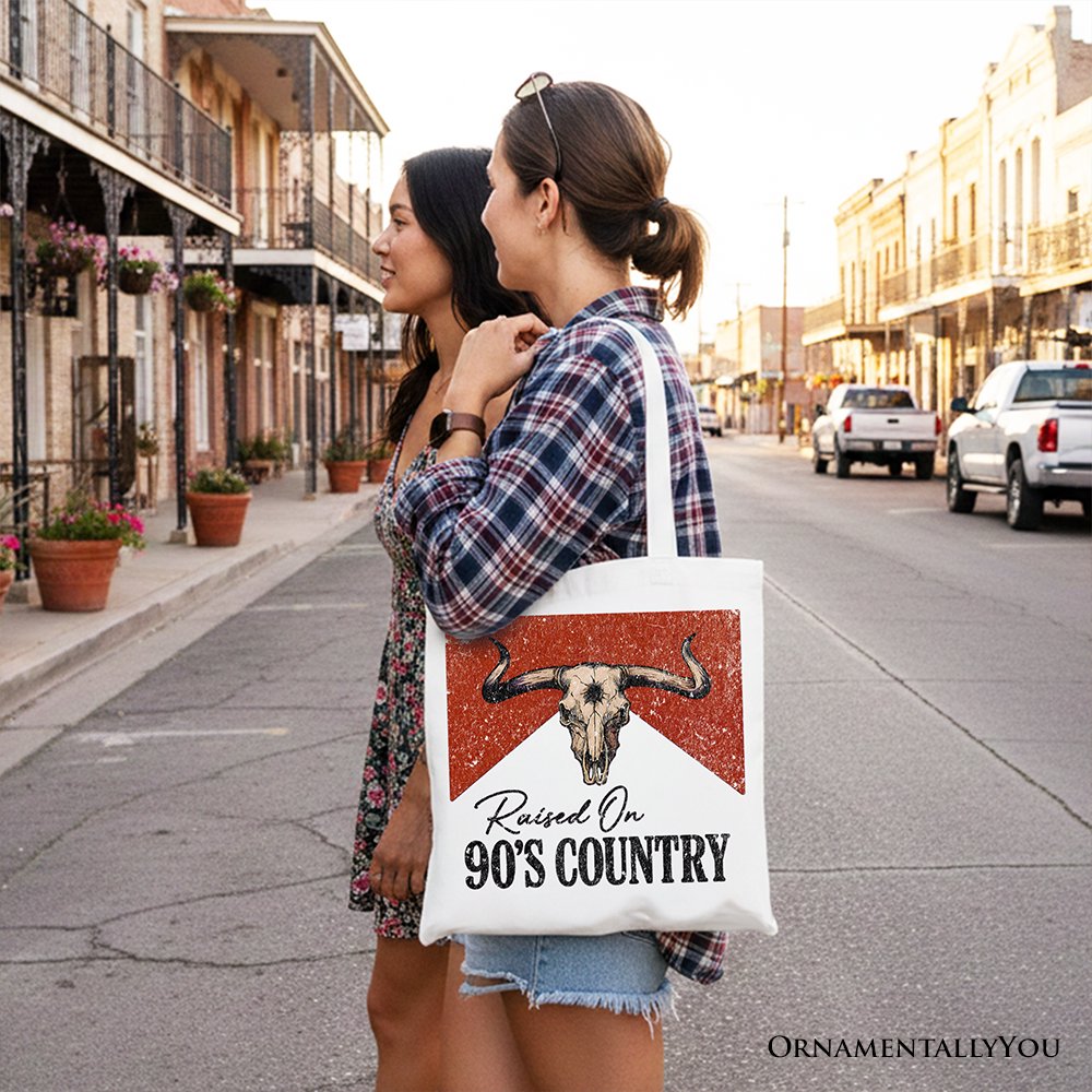 Raised On 90s Country Tote Bag, Vintage Bull Skull Gift Shopper Tote Bag OrnamentallyYou 