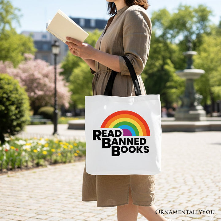 Read Banned Books Rainbow Canvas Tote Bag, Book Lover Gift Shopper Tote Bag OrnamentallyYou 