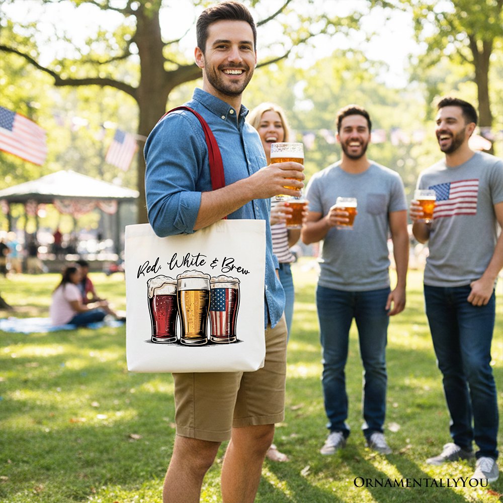 Red White and Brew Beer American Tote Bag, Patriotic USA 4th of July Gift Shopper Tote Bag OrnamentallyYou 