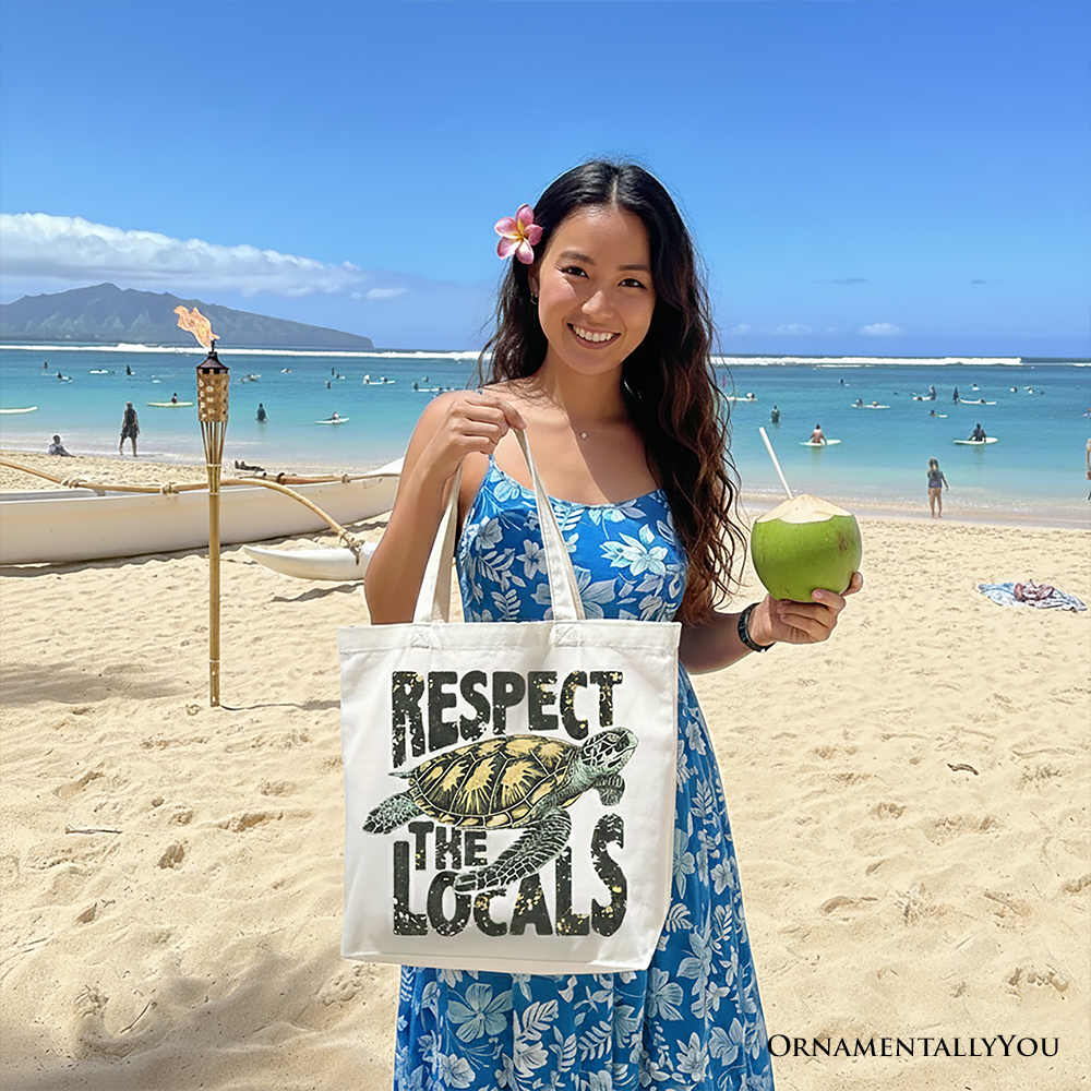 Respect the Locals Turtles Canvas Tote Bag, Retro Grunge Gift for Ocean and Beach Lovers