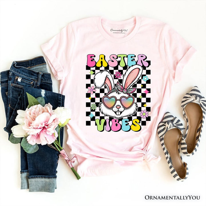 Retro Easter Bunny Sunglasses T-Shirt, Groovy Checkered Tee T-Shirts OrnamentallyYou Soft Pink XS 