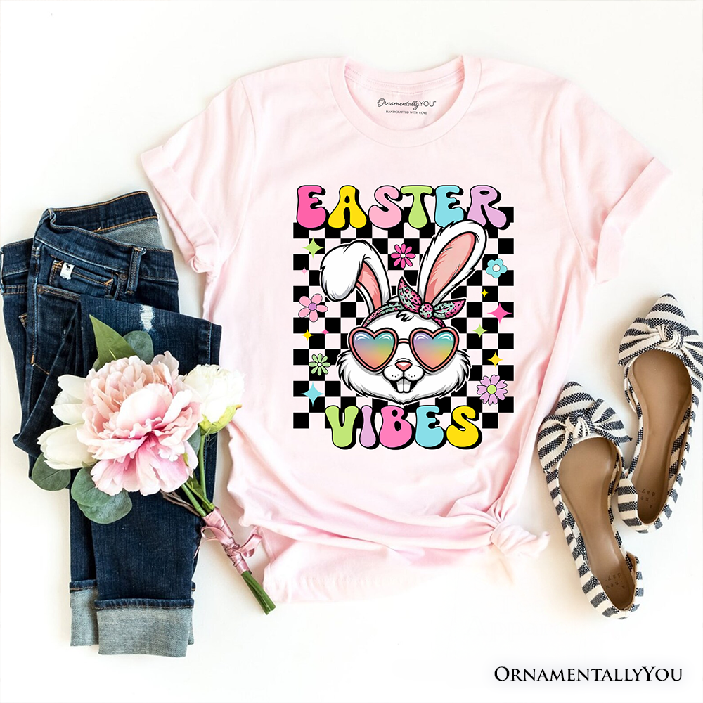 Retro Easter Bunny Sunglasses T-Shirt, Groovy Checkered Tee