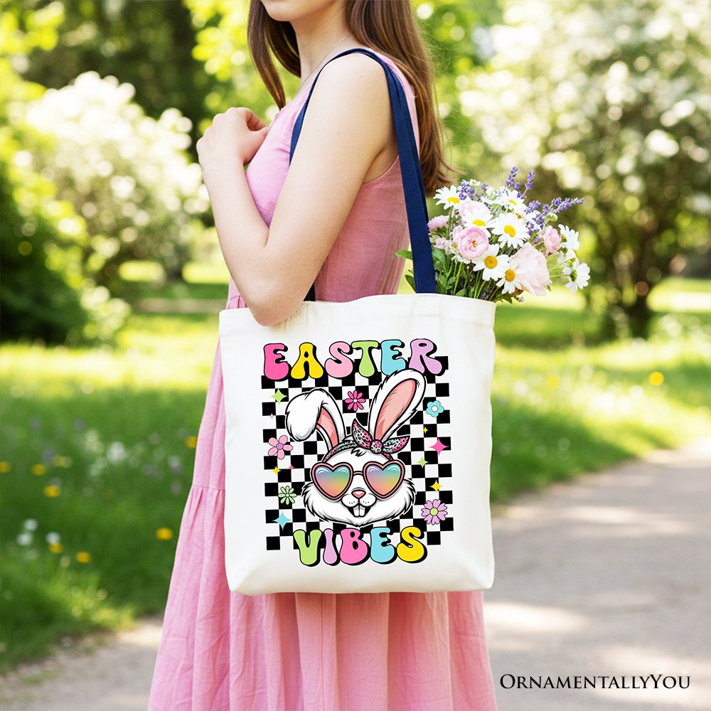 Retro Easter Bunny Sunglasses Tote Bag, Groovy Checkered Gift Shopper Tote Bag OrnamentallyYou 