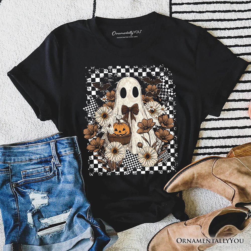 Retro Ghost Floral Halloween T-Shirt, Spooky Vintage Checkered Tee T-Shirts OrnamentallyYou Black XS 