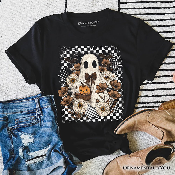 Retro Ghost Floral Halloween T-Shirt, Spooky Vintage Checkered Tee T-Shirts OrnamentallyYou Black XS 