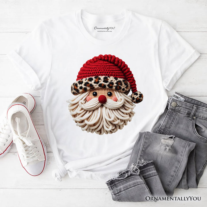 Santa Leopard Hat Christmas T-Shirt, Imitation Latch Hook Yarn Cozy Tee T-Shirts OrnamentallyYou White XS 