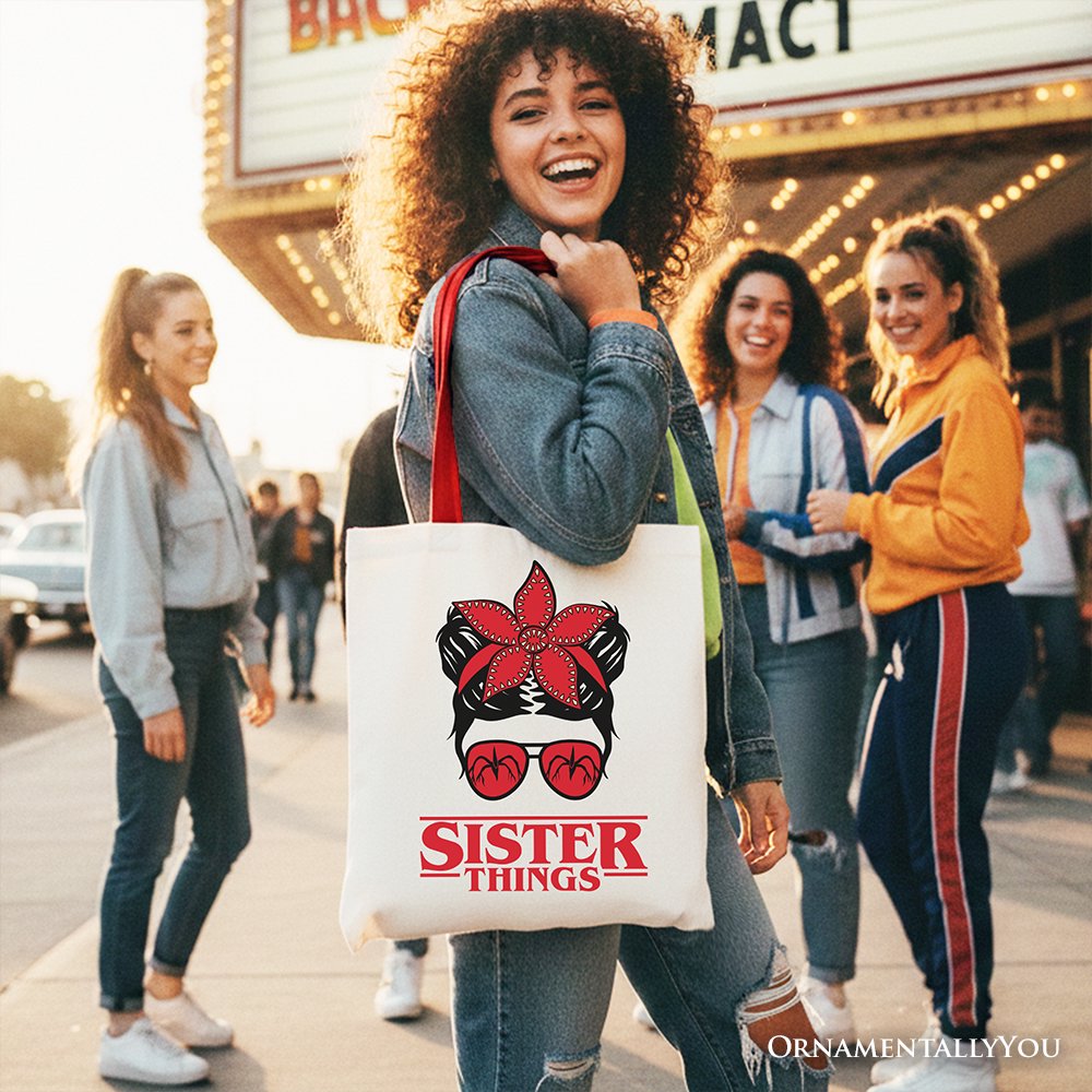 Sister Things Messy Bun Retro Canvas Tote Bag, Red Bandana Glasses Family Matching Gift Shopper Tote Bag OrnamentallyYou 