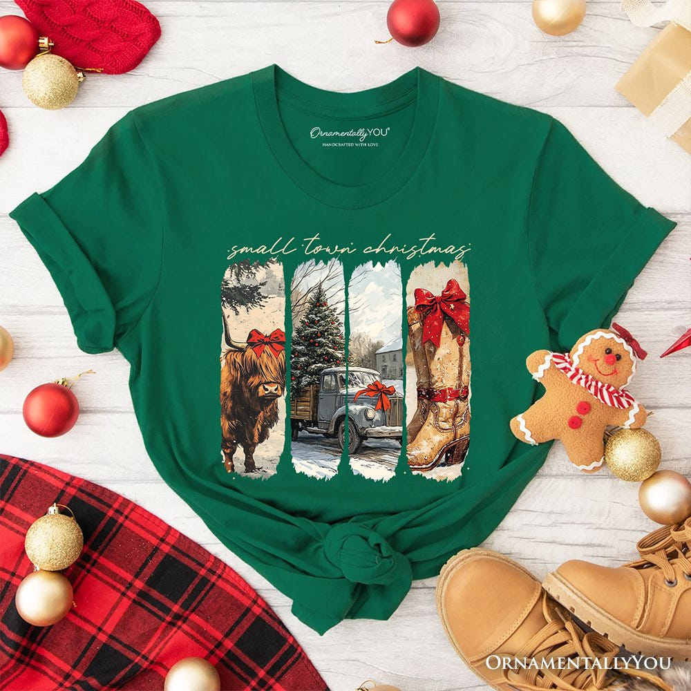 Small Town Christmas T‑Shirt, Highland Cow Rustic Western Cowgirl Holiday Tee T-Shirts OrnamentallyYou Evergreen XS 
