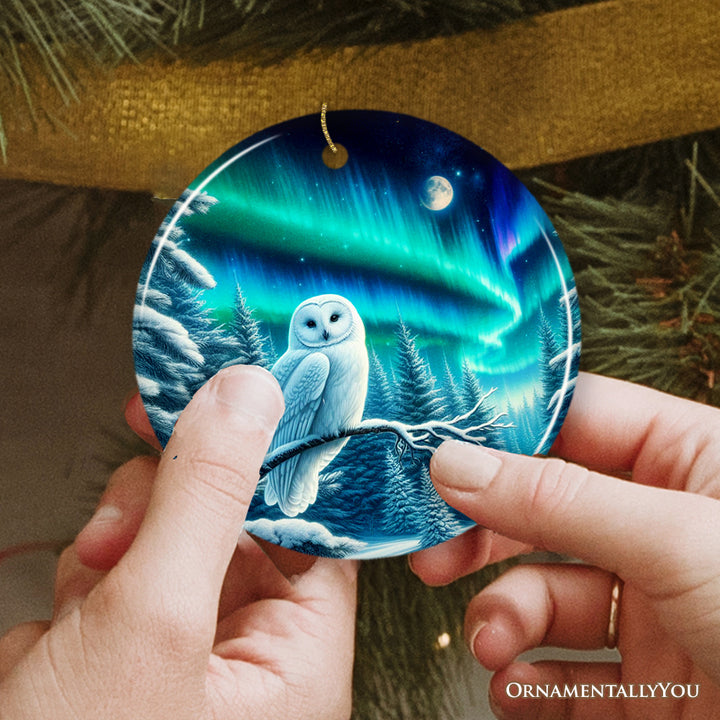 Snowy Aurora White Owl Ceramic Ornament, Northern Lights Mystic Bird Gift and Tree Decor