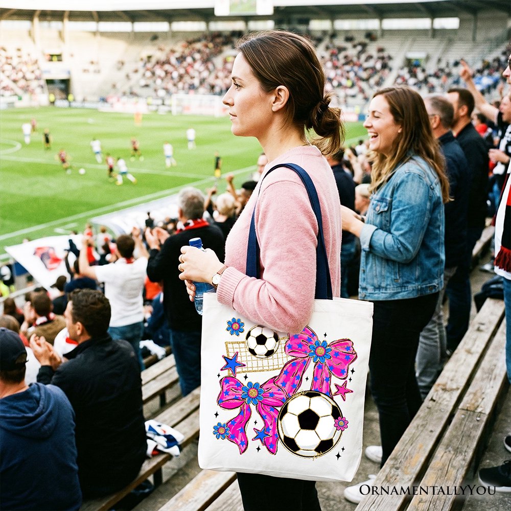 Soccer Coquette Pink Bow Tote Bag, Preppy Game Day Gift Shopper Tote Bag OrnamentallyYou 