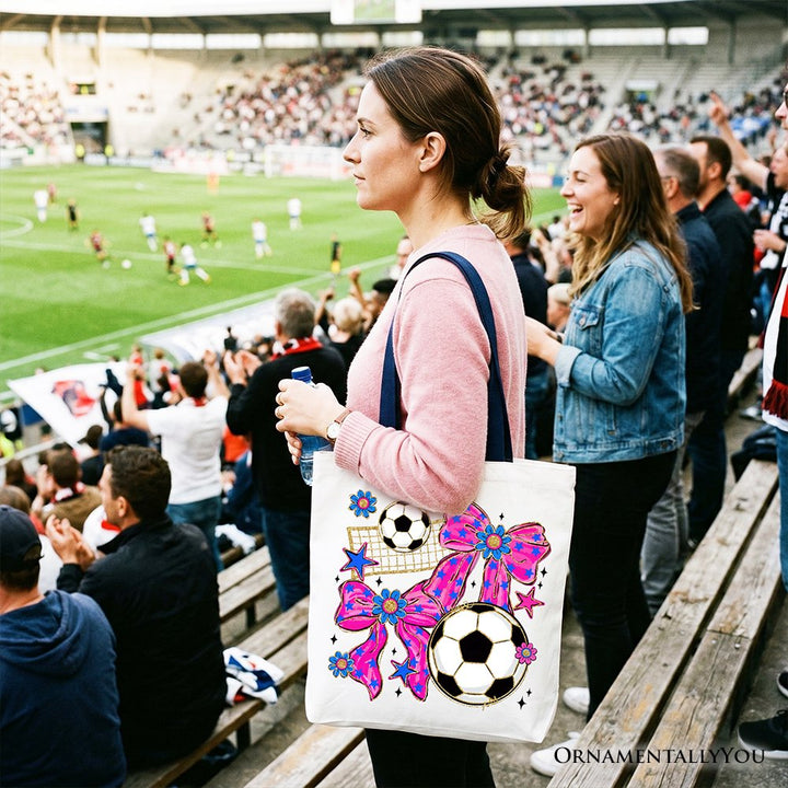 Soccer Coquette Pink Bow Tote Bag, Preppy Game Day Gift Shopper Tote Bag OrnamentallyYou 
