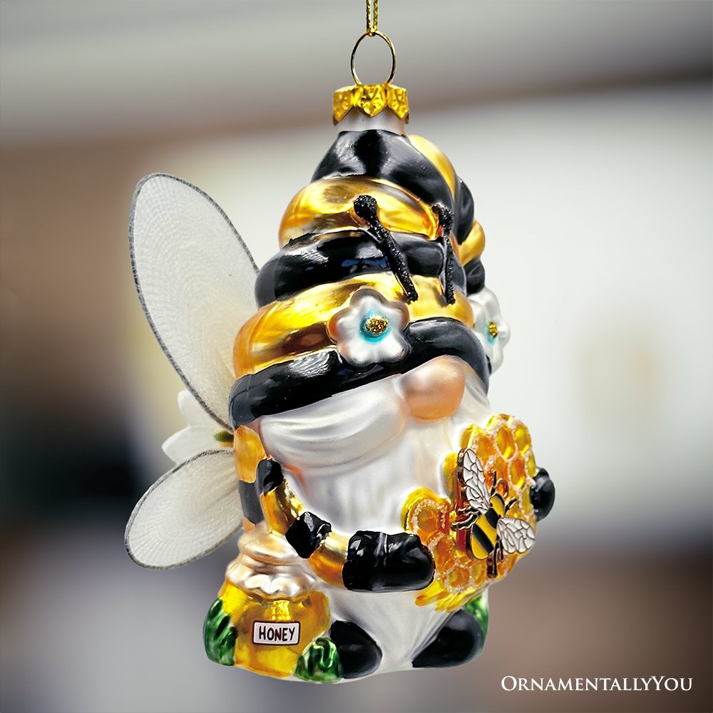 (Pre-Order) Sparkling Bee Gnome Glass Christmas Ornament, Bumblebee Themed Holiday Decor Glass Ornament OrnamentallyYou 