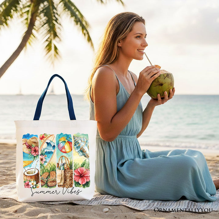 Summer Vibes Canvas Tote Bag, Beach Gift Shopper with Coconut and Flowers Tote Bag OrnamentallyYou 