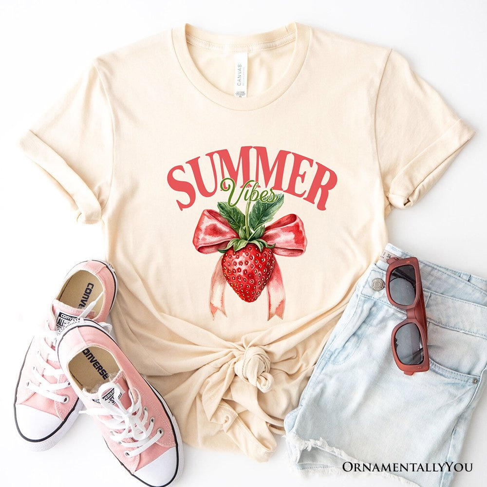 Summer Vibes Strawberry T-Shirt, White, Natural and Navy Seasonal Tee with Coquette Style T-Shirts OrnamentallyYou Natural XS 