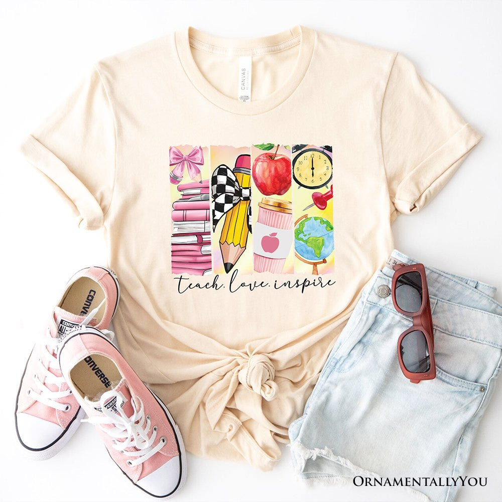 Teach Love Inspire T-Shirt, Retro Brushstroke White, Natural, and Navy Tee for Passionate Teachers T-Shirts OrnamentallyYou Natural XS 