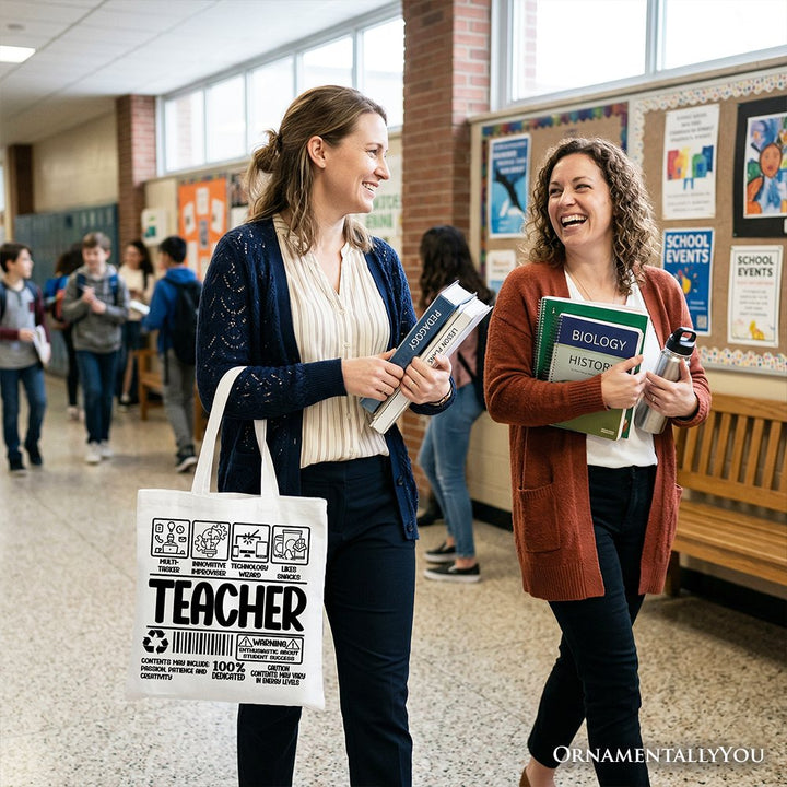Teacher Label Tote Bag, Funny Barcode Gift Shopper for Dedicated Educators Tote Bag OrnamentallyYou 