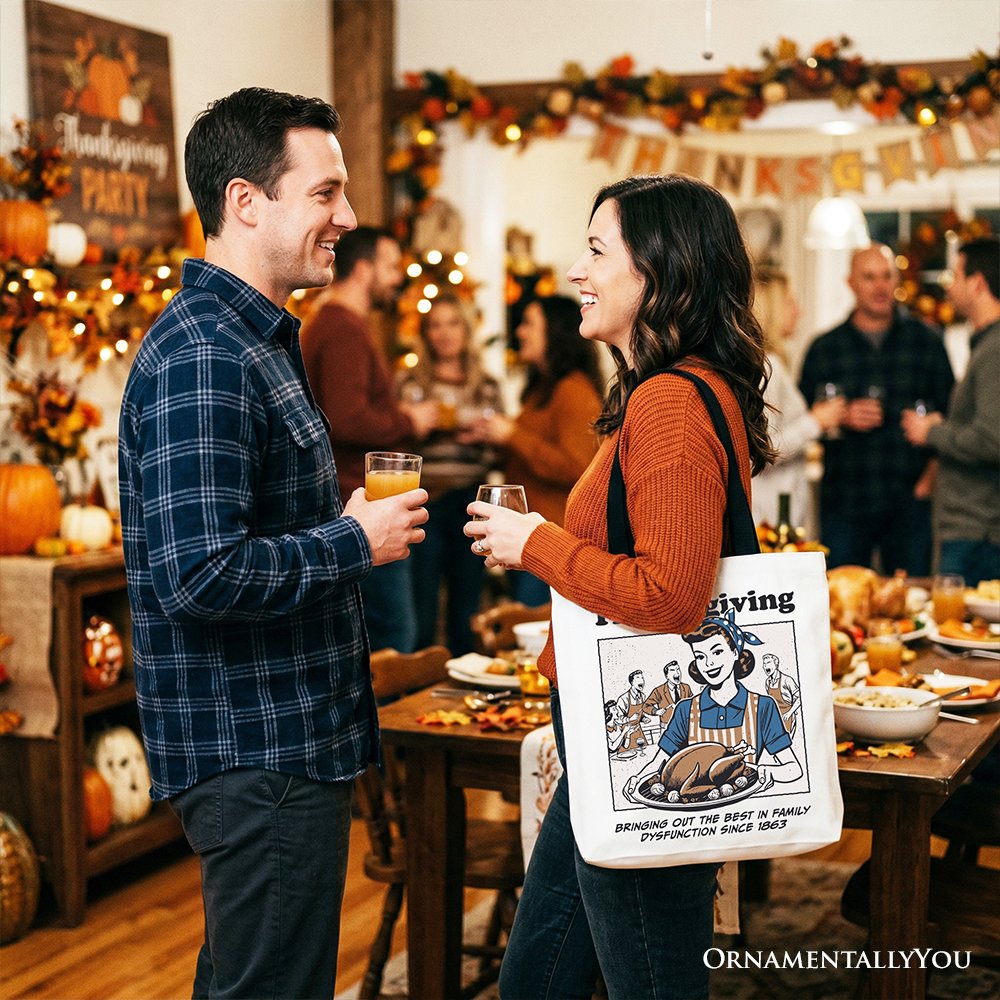 Thanksgiving Family Dysfunction Retro Tote Bag, Funny Holiday Humor Gift Shopper for Sarcastic Families Tote Bag OrnamentallyYou 