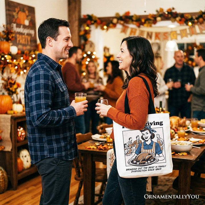 Thanksgiving Family Dysfunction Retro Tote Bag, Funny Holiday Humor Gift Shopper for Sarcastic Families Tote Bag OrnamentallyYou 