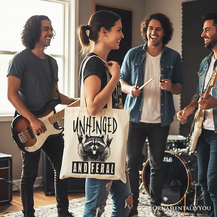 Unhinged and Feral Raccoon Canvas Tote Bag, Funny Rock Hands Gift Shopper for Wild People