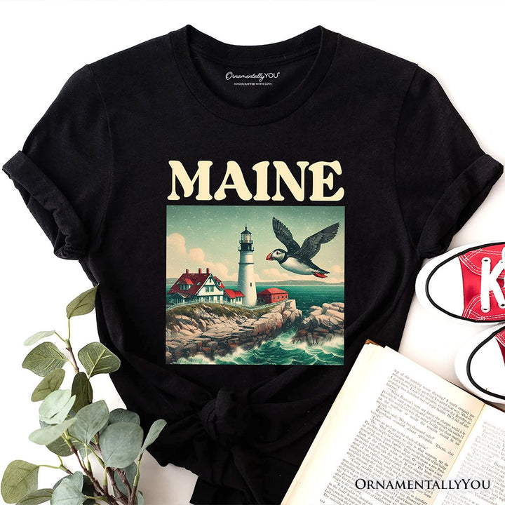 Vintage Maine State Lighthouse and Puffin T-Shirt, New England Coastal Tee and Seaside Souvenir T-Shirts OrnamentallyYou Black XS 