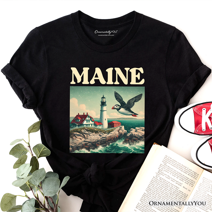 Vintage Maine State Lighthouse and Puffin T-Shirt, New England Coastal Tee and Seaside Souvenir