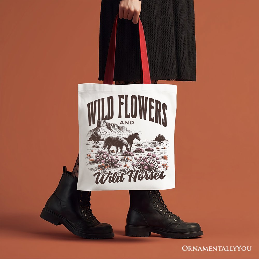 Wild Flowers and Wild Horses Canvas Tote Bag, Retro Western Gift for Free-Spirited Women Tote Bag OrnamentallyYou 