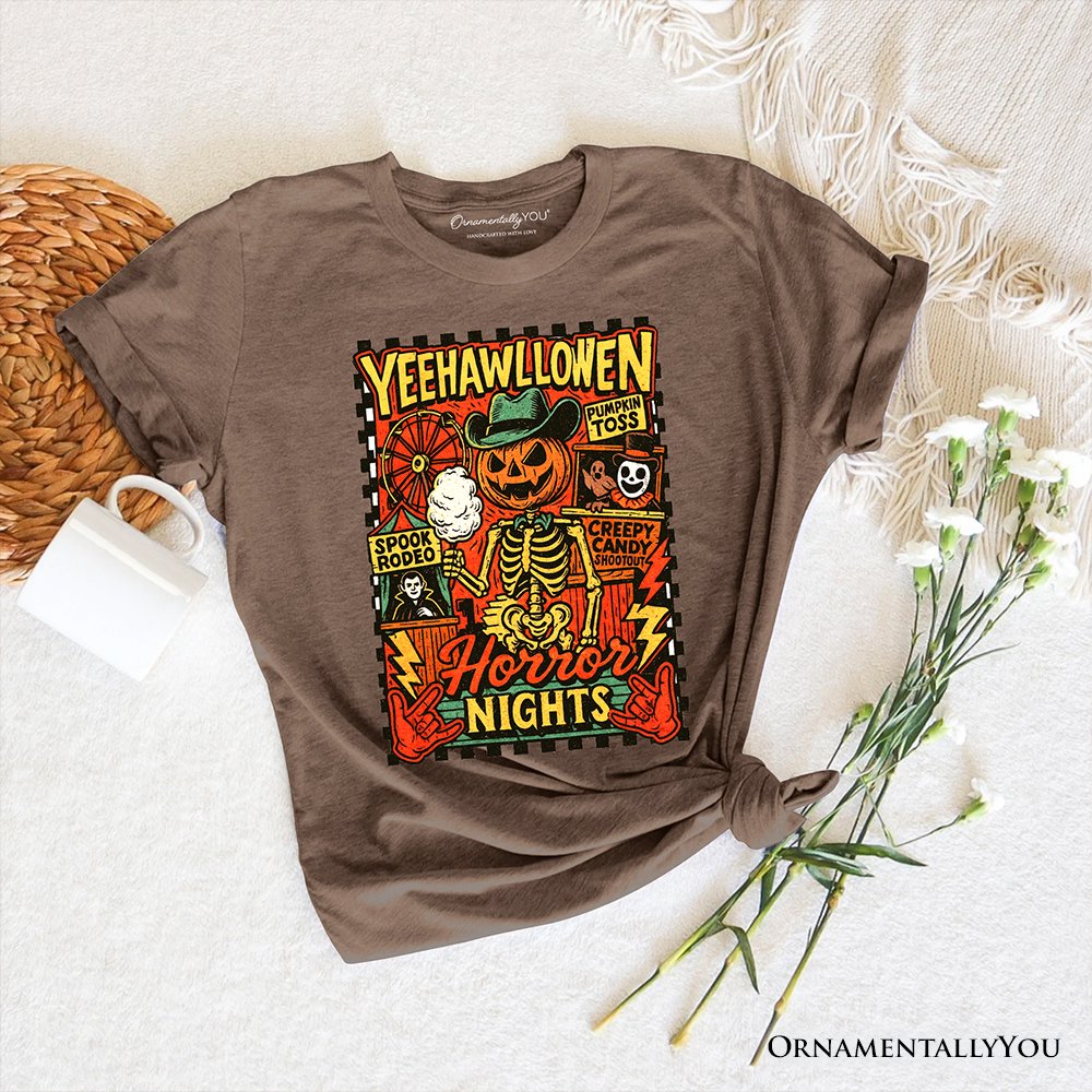 Yee Haw Halloween Retro Pumpkin Skeleton T-Shirt, Spooky Country Western Tee for Fall T-Shirts OrnamentallyYou Vintage Brwon XS 