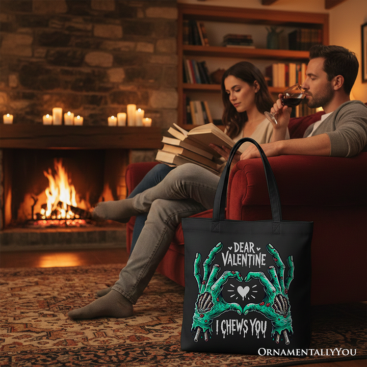 Zombie Valentine Hands I Chews You Canvas Tote Bag, Funny Bag for Horror Spring Season