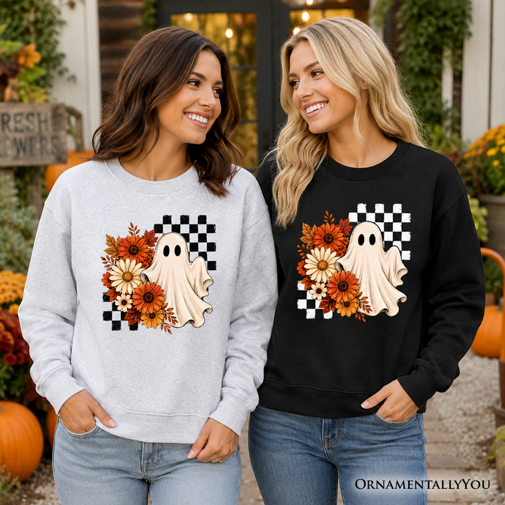 Checkered Floral Ghost Sweatshirt, Vintage Fall Halloween Daisy Sweater