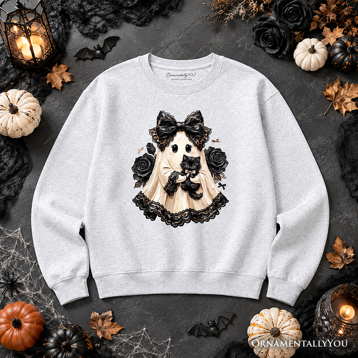 Gothic Ghost with Black Cat Sweatshirt, Black Rose Coquette Halloween Sweater