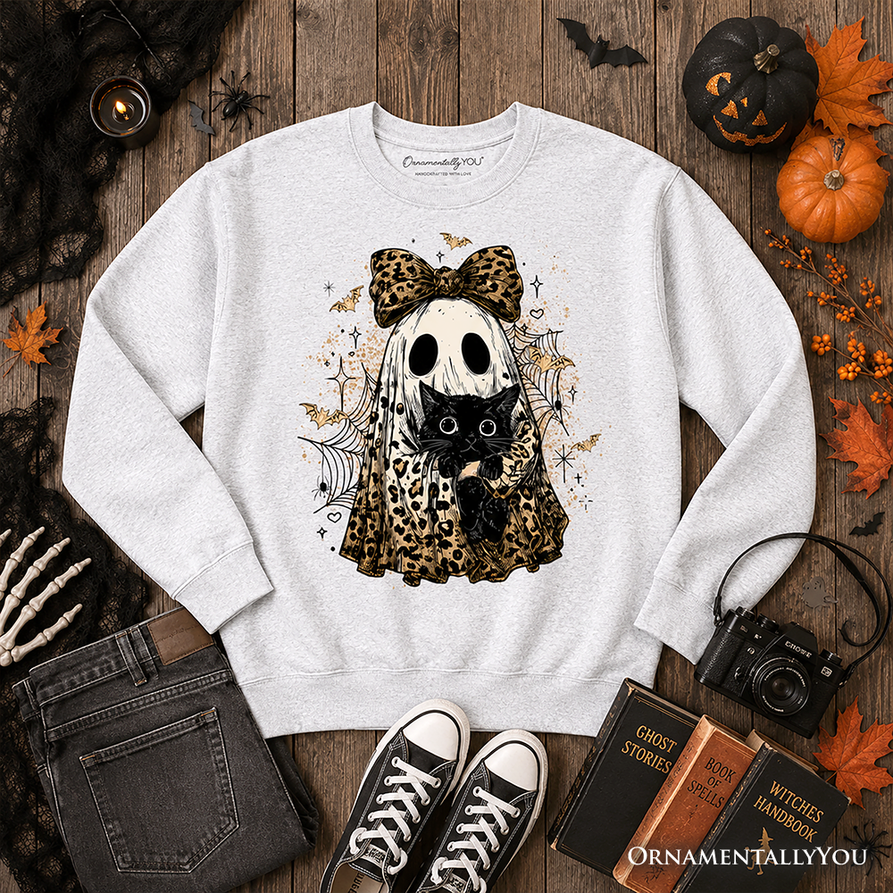 Leopard Bow Ghost with Black Cat Sweatshirt, Spooky Halloween Spider Web Sweater