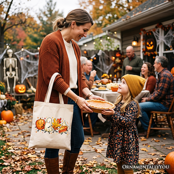 Cute Fall Characters Tote Bag, Pumpkin Ghost Leaf Pie Autumn Gift Shopper
